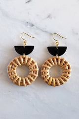 Ninh Binh 16K Gold Plated Brass Honey Horn & Rattan (Straw/Wicker) Crescent & Donut Earrings - Handcrafted & Unique Buffalo Horn Jewelry