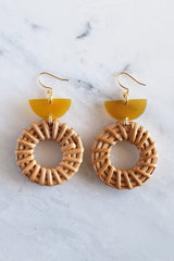 Ninh Binh 16K Gold Plated Brass Honey Horn & Rattan (Straw/Wicker) Crescent & Donut Earrings - Handcrafted & Unique Buffalo Horn Jewelry