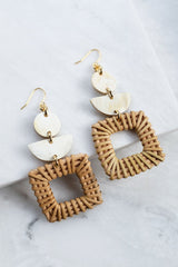 Tu 16K Gold-Plated Brass Buffalo Horn & Rattan/Wicker Square Geo Statement Earrings - Handcrafted & Unique Buffalo Horn Jewelry