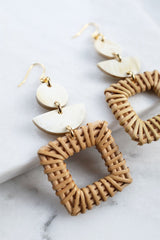 Tu 16K Gold-Plated Brass Buffalo Horn & Rattan/Wicker Square Geo Statement Earrings - Handcrafted & Unique Buffalo Horn Jewelry