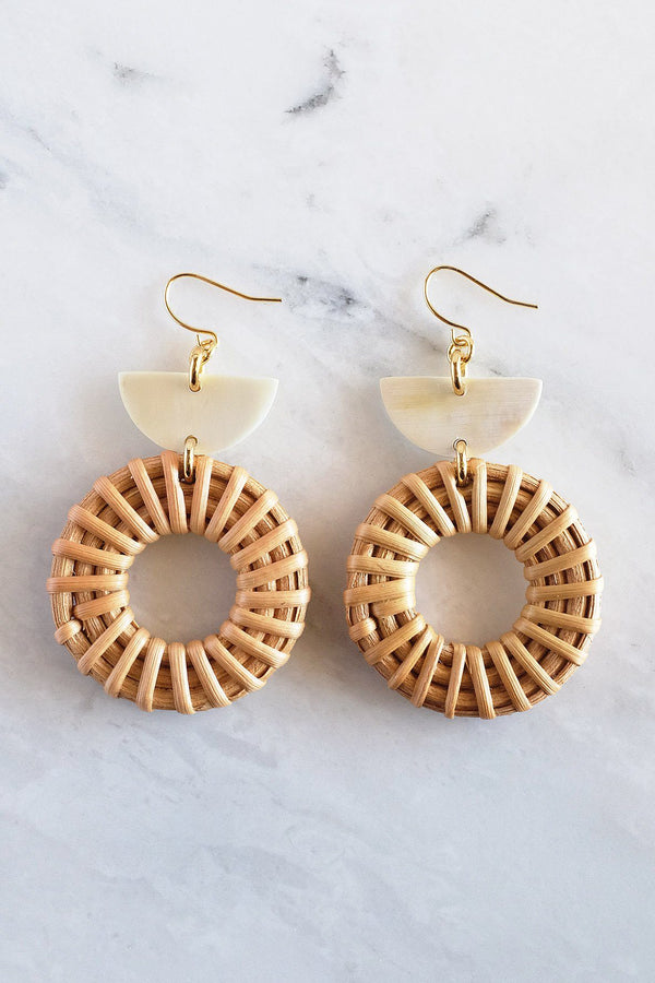 Ninh Binh 16K Gold Plated Brass Honey Horn & Rattan (Straw/Wicker) Crescent & Donut Earrings - Handcrafted & Unique Buffalo Horn Jewelry