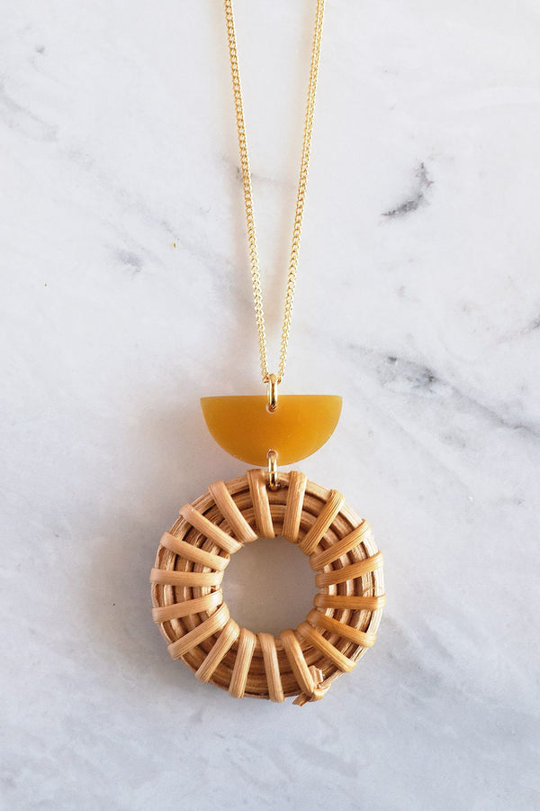 Ninh Binh Crescent Horn & Donut Rattan (Straw/Wicker) Pendant Necklace - Handcrafted & Unique Buffalo Horn Jewelry