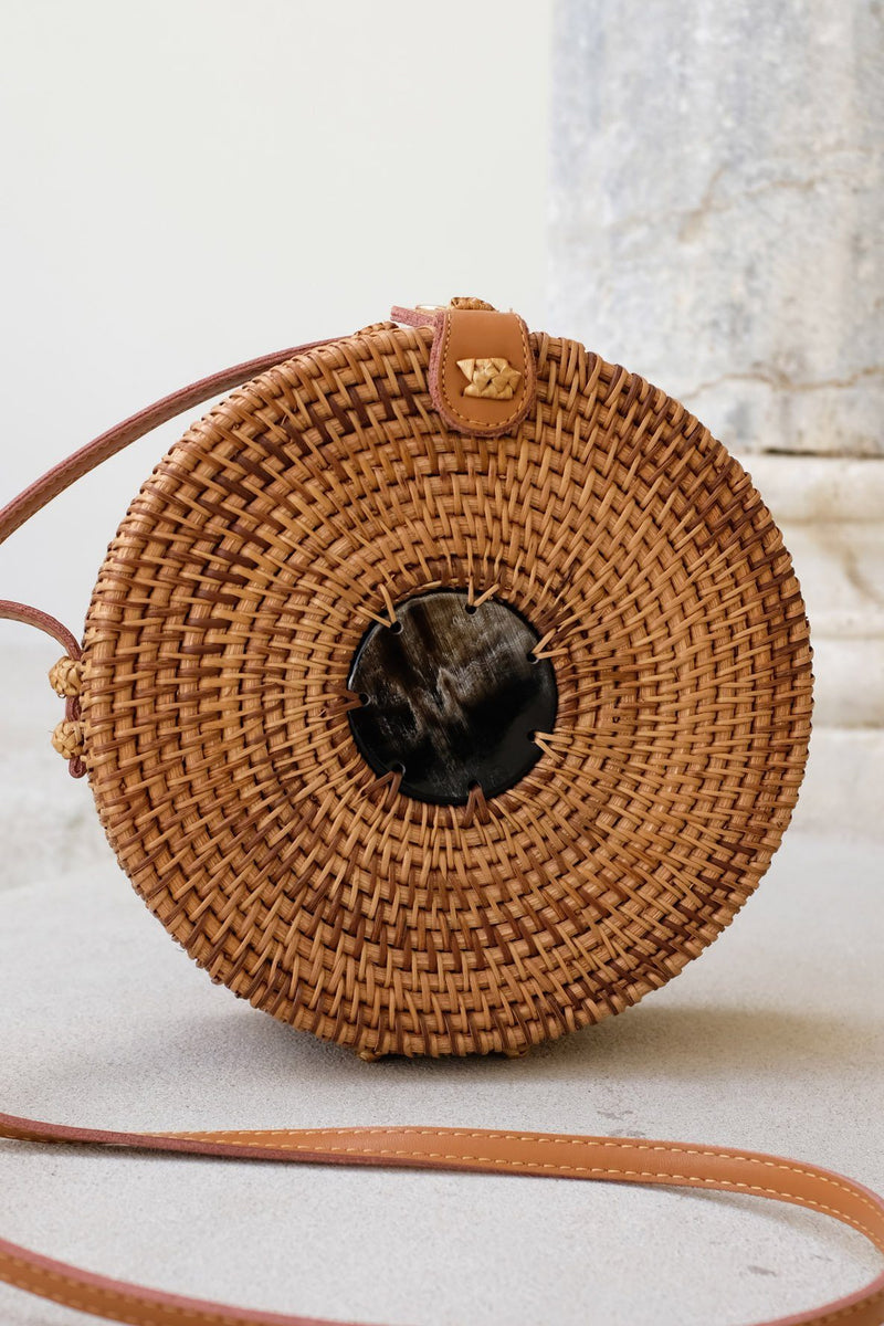 Tan Tien Buffalo Horn Centerpiece Circle Wicker Rattan Bag - Handcrafted & Unique Buffalo Horn Jewelry