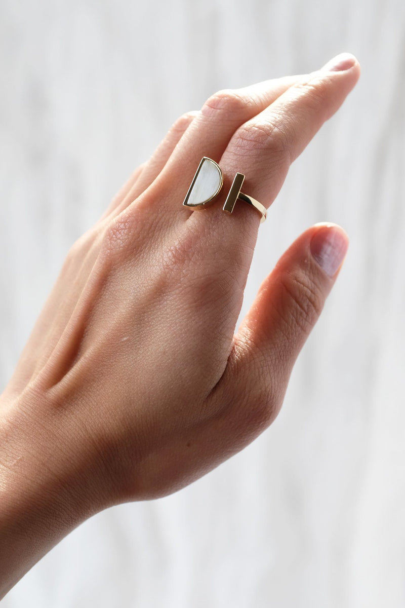 Ve Tinh 16K Gold-Plated Brass Buffalo Horn Crescent and Bar Ring - Handcrafted & Unique Buffalo Horn Jewelry