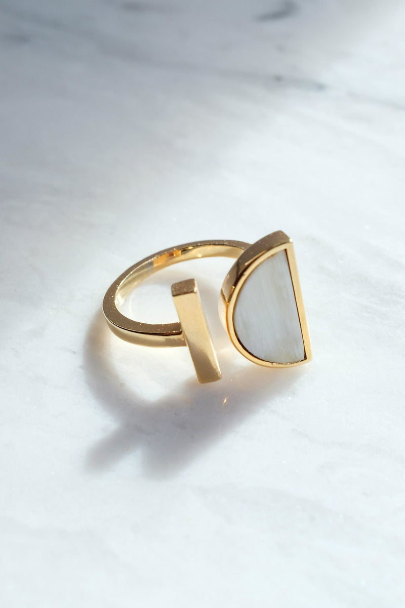 Ve Tinh 16K Gold-Plated Brass Buffalo Horn Crescent and Bar Ring - Handcrafted & Unique Buffalo Horn Jewelry